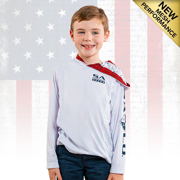 Kids Hooded Performance Long Sleeve Shirt | White | Inner Hood American Flag