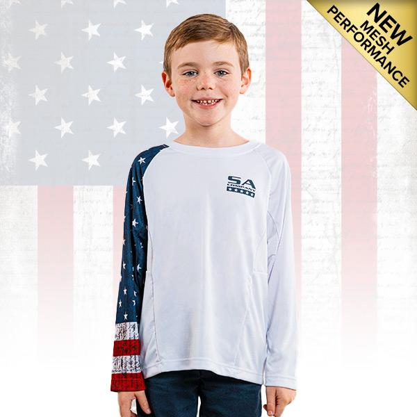 Kids Performance Long Sleeve Shirt | White | American Flag