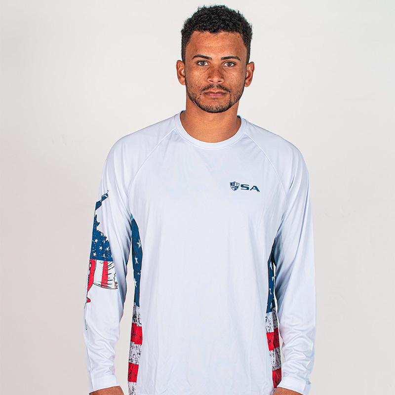 Performance Long Sleeve Shirt | White | Sides American Flag | Game On