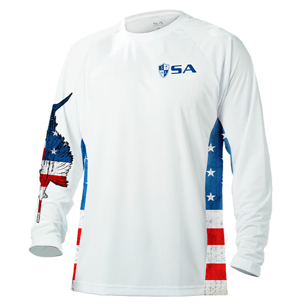 Performance Long Sleeve Shirt | White | Sides American Flag | Game On