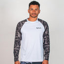 Performance Long Sleeve Shirt | White | Sleeve Blackout Digi Camo | SA Shield