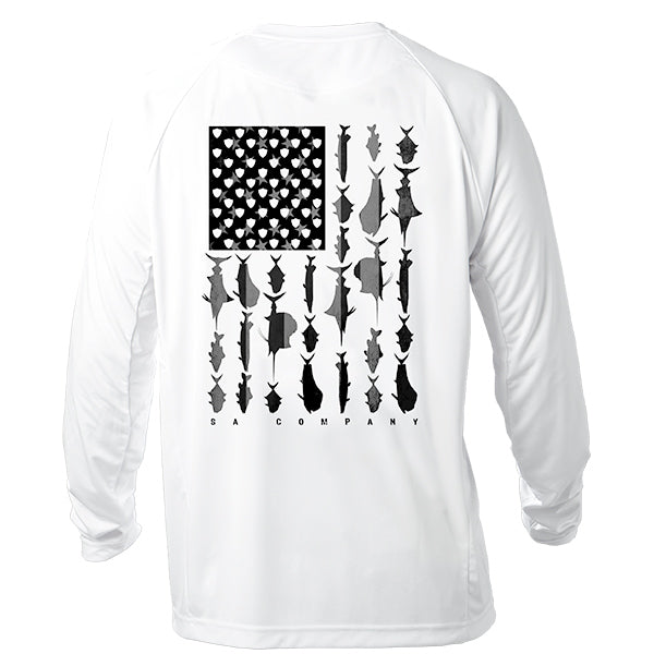 Performance Long Sleeve Shirt | White | Blackout Flag Fins Stripes
